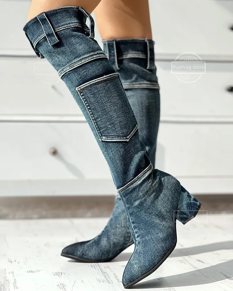 Sexy Jean Boots Women's Knee-High Boot Zipper 6CM High Heel