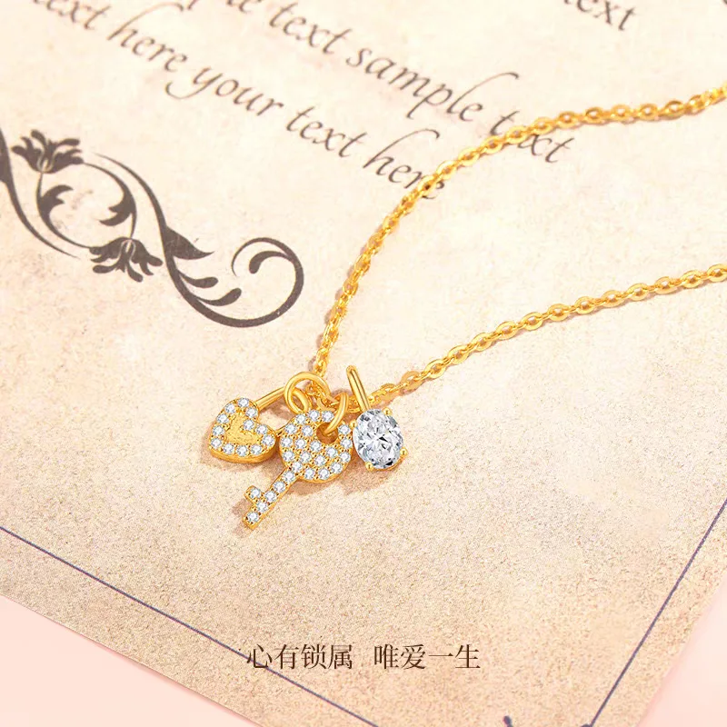 24K Gold AU999 Heart Lock & Key Pendant Necklace with Zircon, Women's Collarbone Chain, Luxury Couple Gift Set