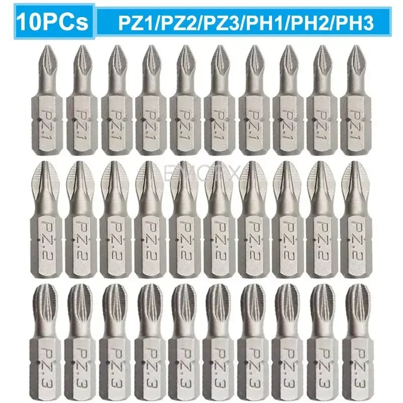 

10Pcs 25mm PZ1/PZ2/PZ3/PH1/PH2/ PH3 Phillips Hex Bit Set Shanked Mini Anti Slip Screwdriver Bits for Drill Magnet Batch Head