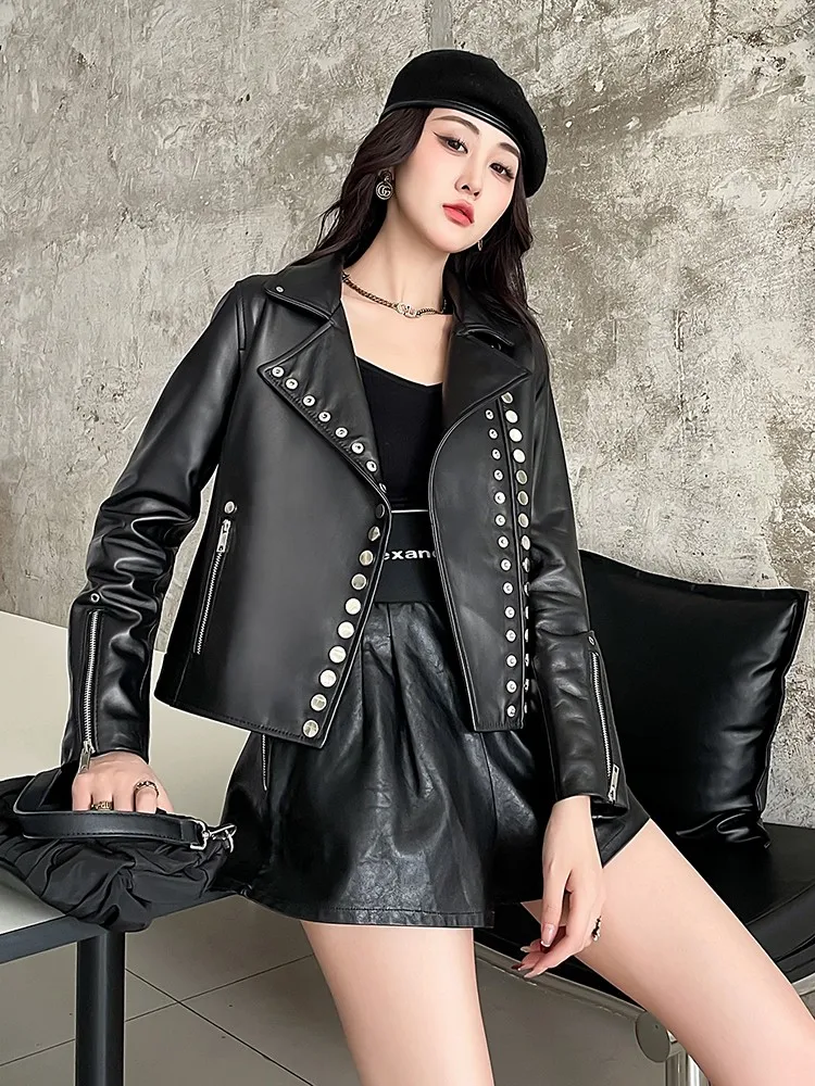 Ladies Casual Pure Dark Green Elegant Leather Jacket