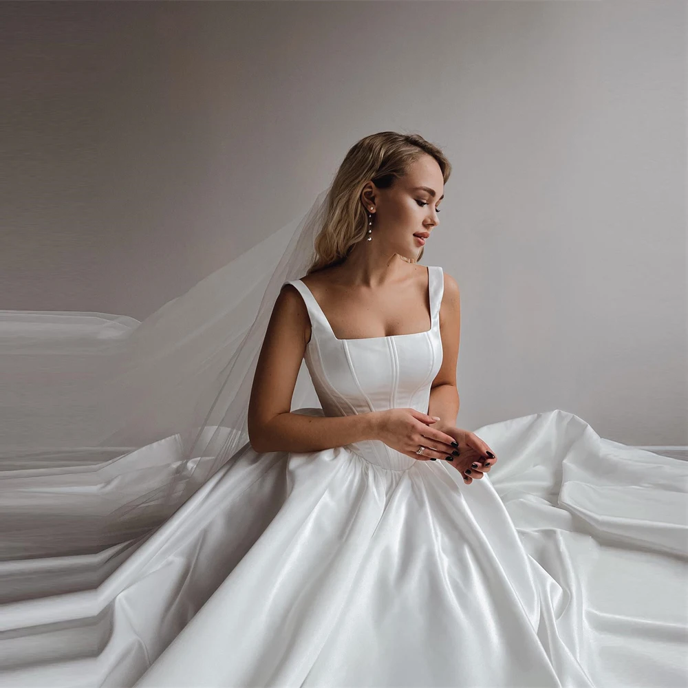 Simple Satin Women Wedding Dresses Sexy Backless A-Line Formal Party Sleeveless Floor Mopping Vestidos De Novias 2024 Customized 2