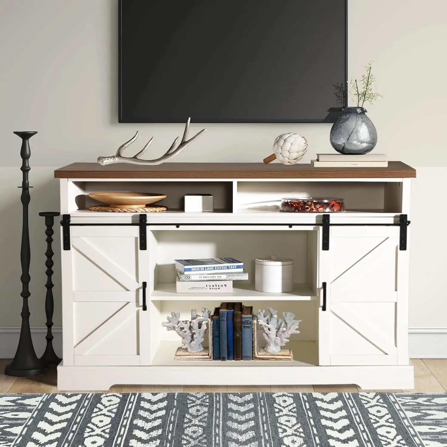 Farmhouse Coffee Bar Cabinet - Sliding Barn Door Kitchen Sideboard Buffet Storage Cabinet 3