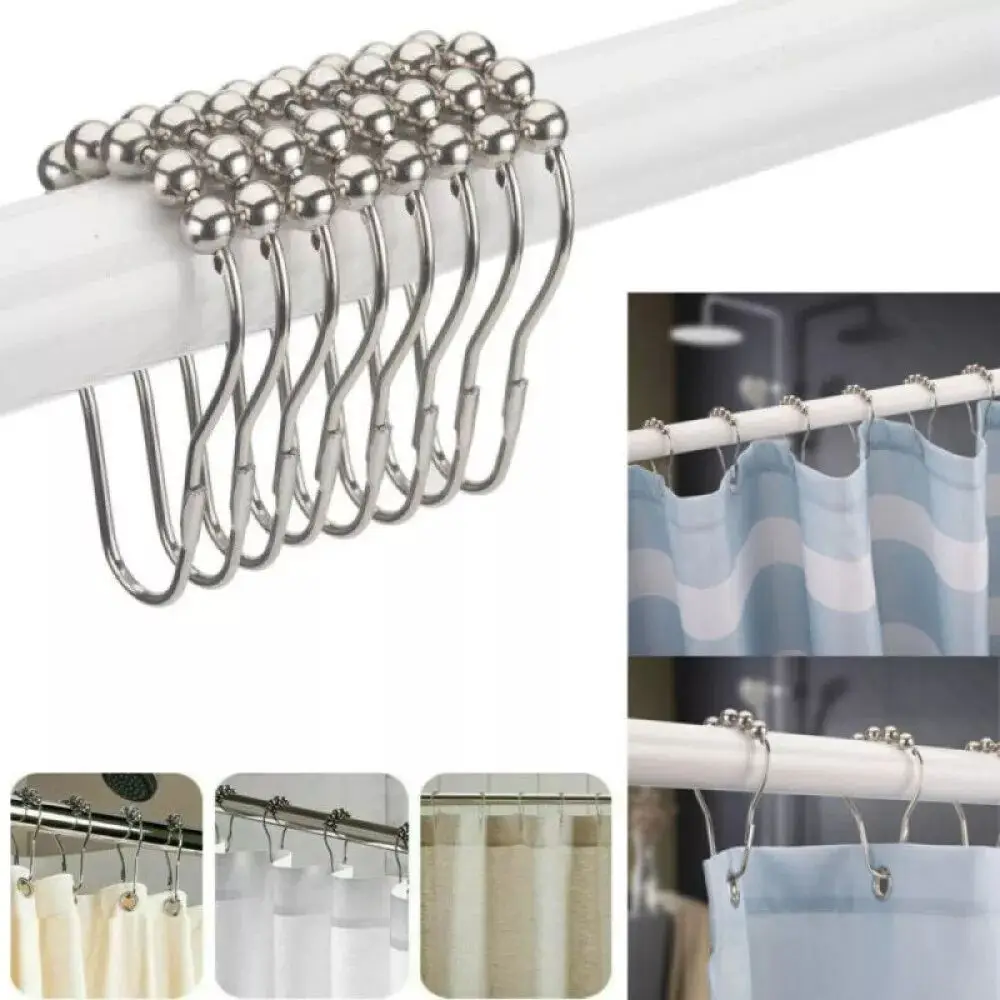12pcs Shower Curtain Rings Hooks Stainless Steel Curtain Hooks Bath Rollerball 5 Roller Polished Satin Nickel Ball