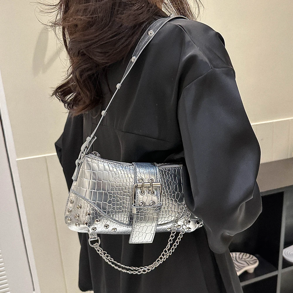 Women Fashion Shiny Shoulder Bag Gothic Armpit Bag Cool Style Trendy Rock  Girls Handbag Y2K Rivet Chain Hobo Bag Shopping Bag