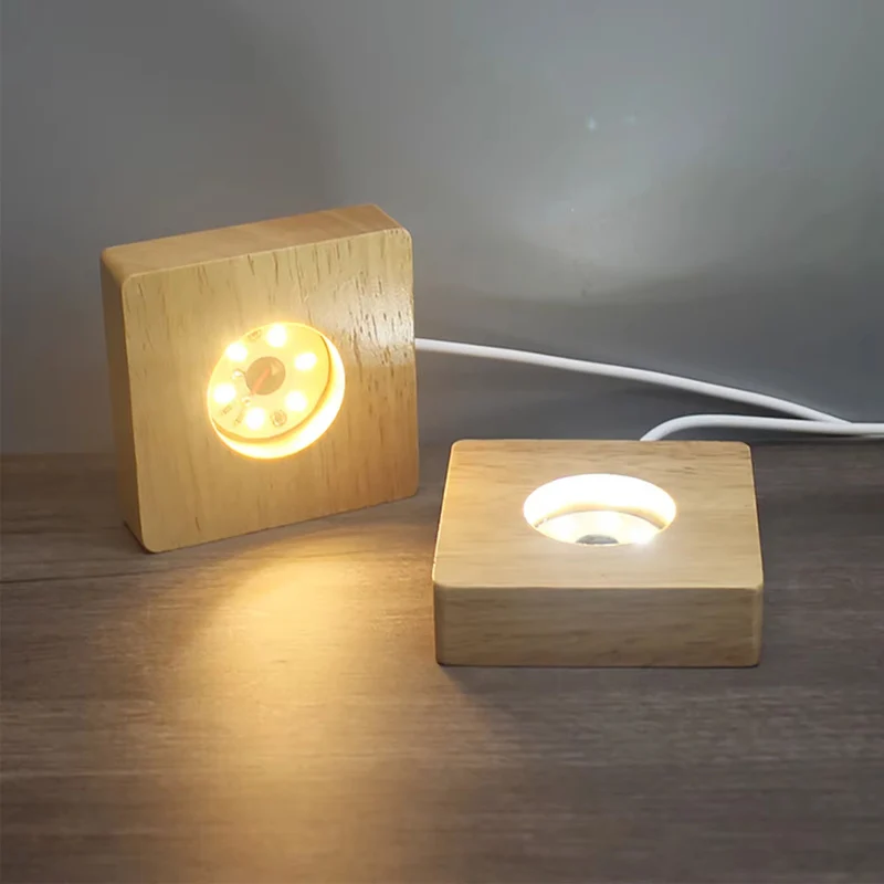 Square LED Luminous Solid Wood Base DIY Crystal Ball Night Lamp Base Rubber Wood USB Plug-In With Switch Ornament 1PCS 6/8/10CM