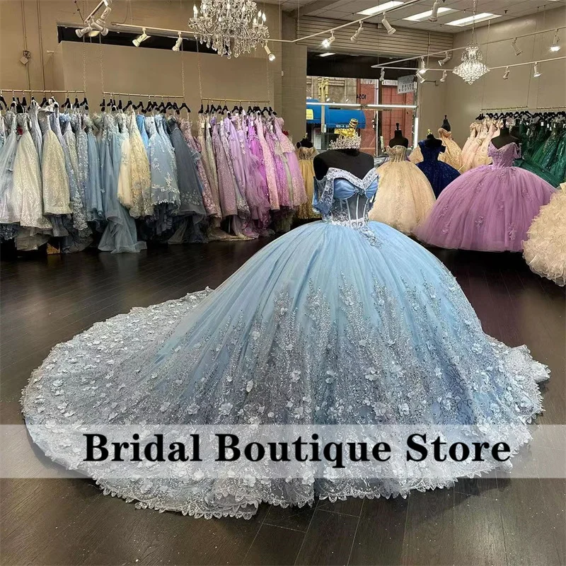 

Платье принцессы с цветочной аппликацией и бисером, милое бальное платье принцессы, шлейф 16, небесно-голубого цвета