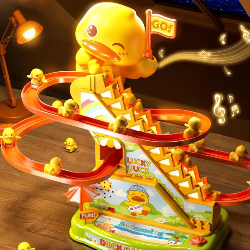 Duck Climbing Stairs Toy Electric Duck Track Slide Toys Flashing Lights and Music Duck Roller Coaster Toy for Kids Birthday Gift 2