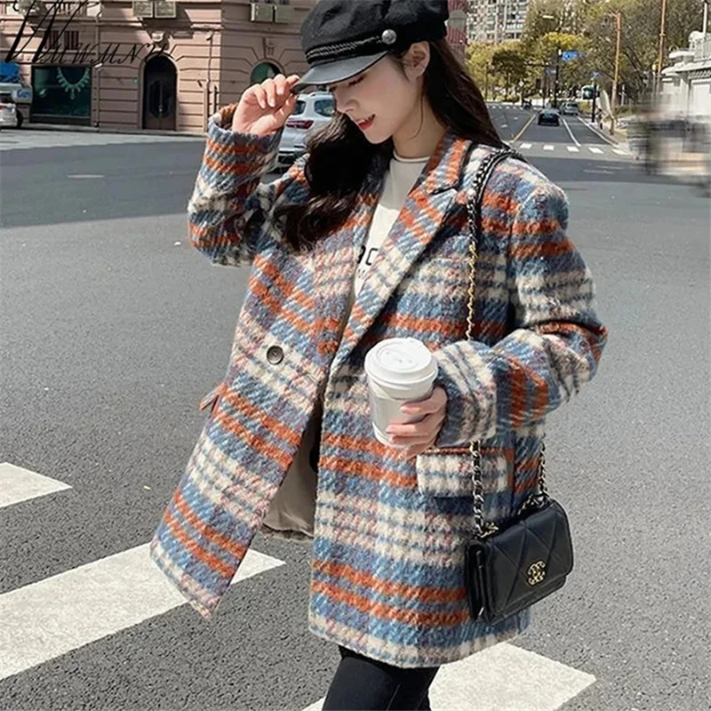 

Korean Fashion Plaid Woolen Coat Loose Winter Vintage Thick Jacket Women Mid Length Wool Blends Chaquetas Office Suit Outwear