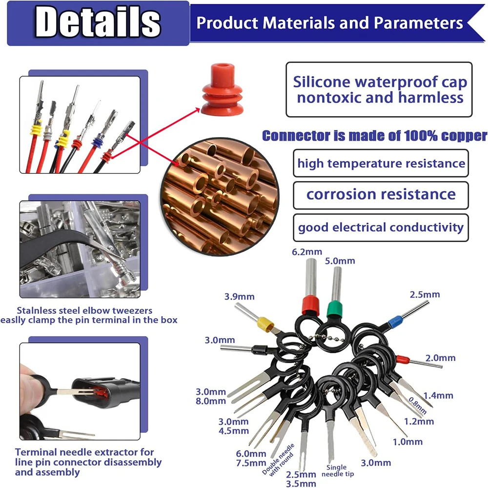 Kit Connettori Crimpati Auto Elettrico – 290 Spinotti In 8 Misure, 400 Guarnizioni IP67, Resistenti Corrosione, Per Auto E Barche