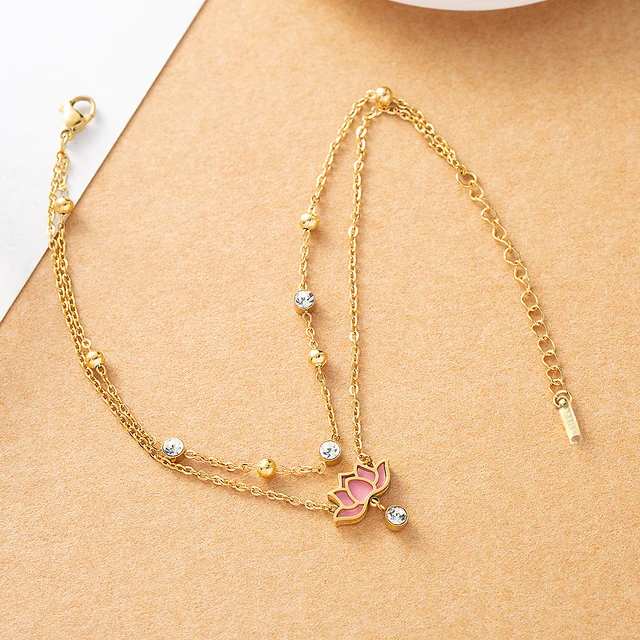 سلسلة متعددة الطبقات من الفولاذ المقاوم للصدأ من الزركونيا باللون الأبيض والوردي على شكل لوتس للسيدات مجوهرات عصرية هدية سلسلة كاحل للشاطئ في الصيف 2
