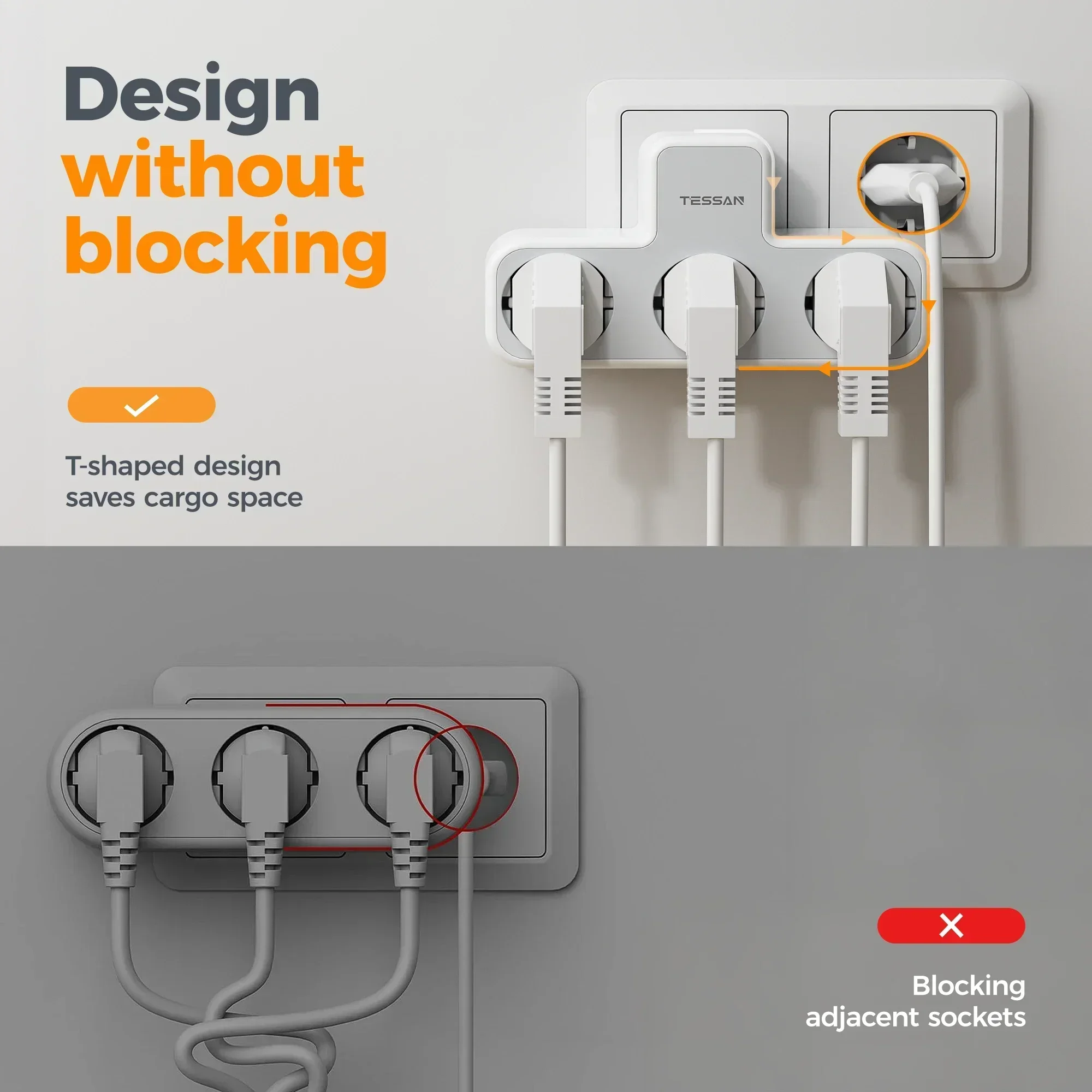 Multiple Wall Power Strip 3 AC Outlets Charging Ports EU Plug Overload Protection