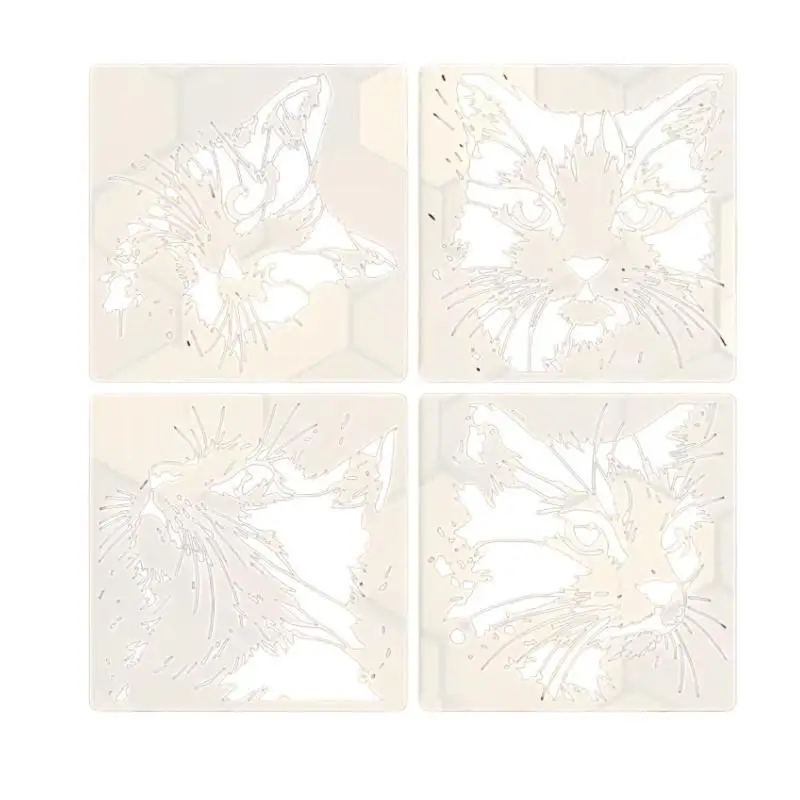 4개/세트 고양이 그림 스텐실, 귀여운 새끼 고양이 패턴이 있는 재사용 가능한 속이 빈 DIY 몰드, 나무 간판, 벽, 저널에 적합