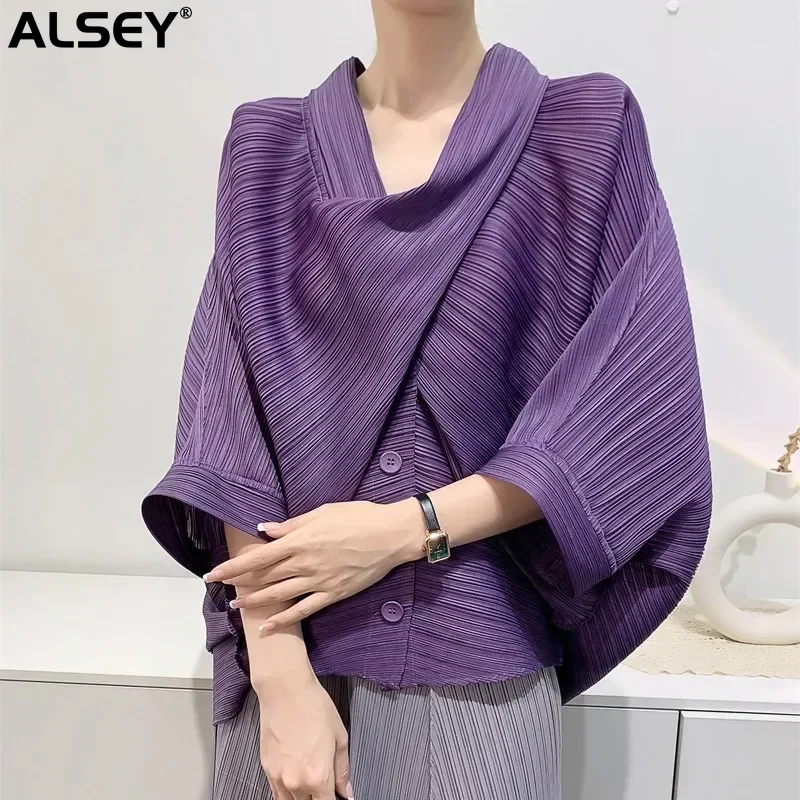 

Оригинальная плиссированная короткая куртка ALSEY Miyake для женщин, весна-лето 2024, новинка, Свободный Повседневный Топ с рукавом в семь минут и воротником-шарфом