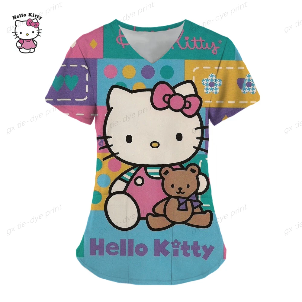 thumbnail image 1 of Camisetas de verano con cuello en V de Hello Kitty, camisetas de hospital para mujer 2023, uniforme de enfermera, ropa de mujer, camisetas con bolsillo, camisetas, 1 of 5