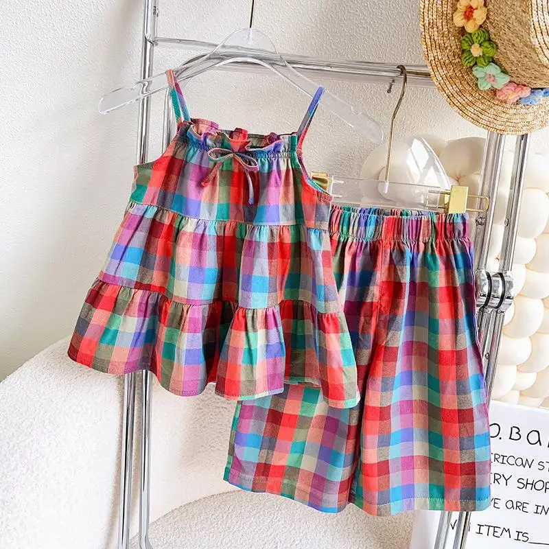 

Girls2024Summer New Style Vest Fashionable Contrast Color Color Plaid Camisole Top Casual Pants Children Two-Piece Set-WSNY