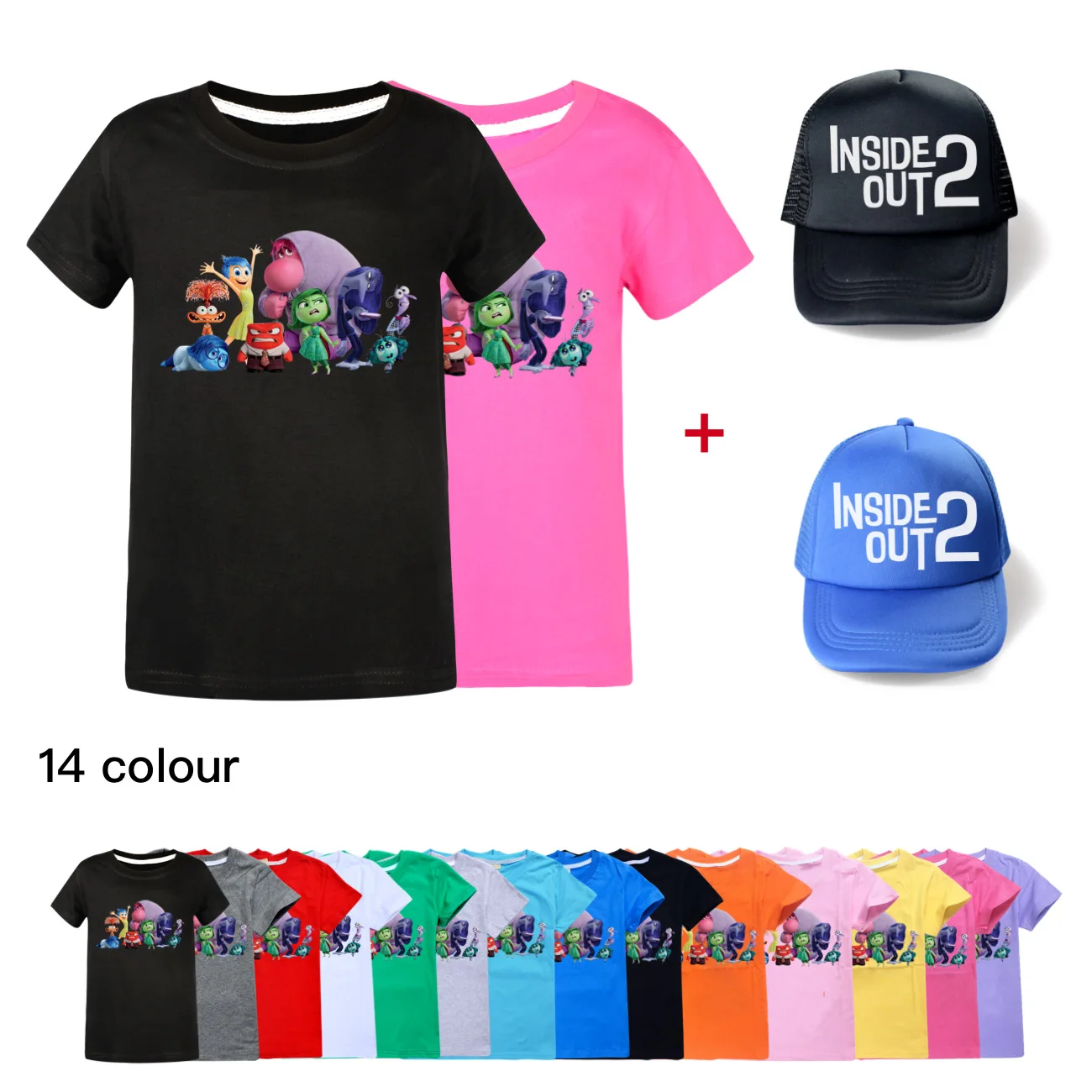 

New Summer Kids inside out 2 T-shirt Children Cartoon Anime T Shirt Toddler Baby Short Sleeves Tshirt & Baseball Cap Hat