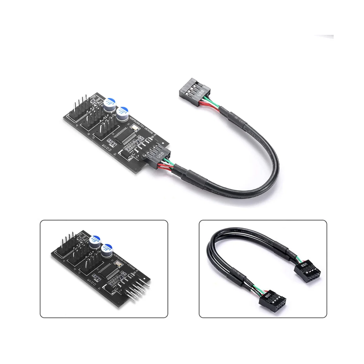 AT87-9Pin USB Hub Connector USB Splitter 1 to 3 USB2.0 9Pin Header Board Cable for Water Cooling for RGB LED Fan Speed Test