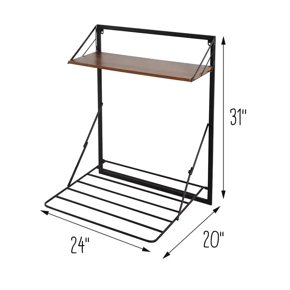 Retractable Steel Wall Mount Drying Rack with Shelf Rust-Resistant Black/Walnut Eco-Friendly Collapsible Laundry Organizer 6