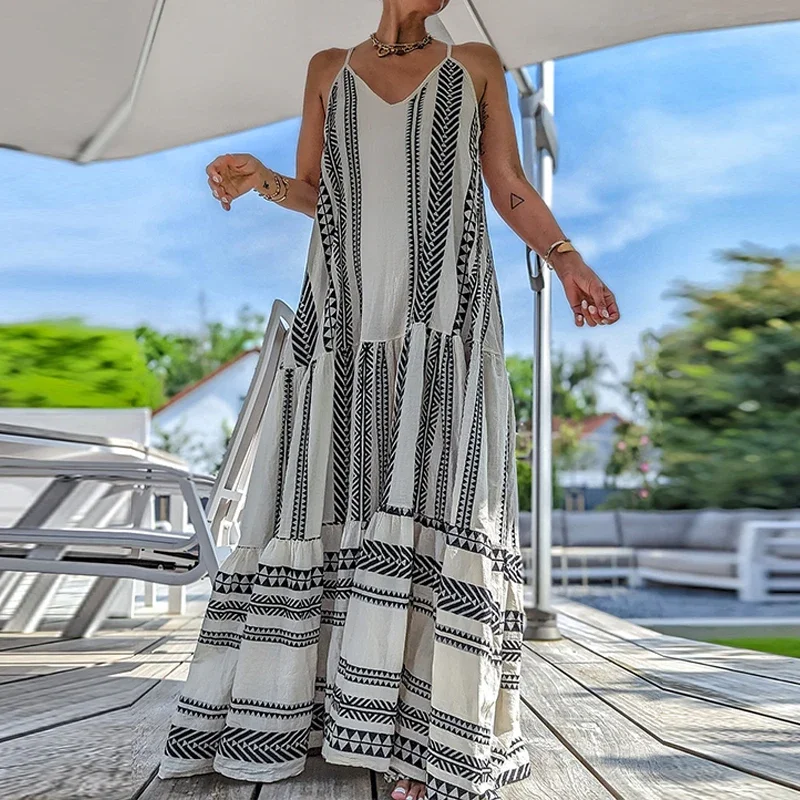 

Летнее свободное платье на бретельках без рукавов с принтом, Элегантное повседневное платье с V-образным вырезом и оборками, женское модное праздничное пляжное длинное платье в стиле бохо