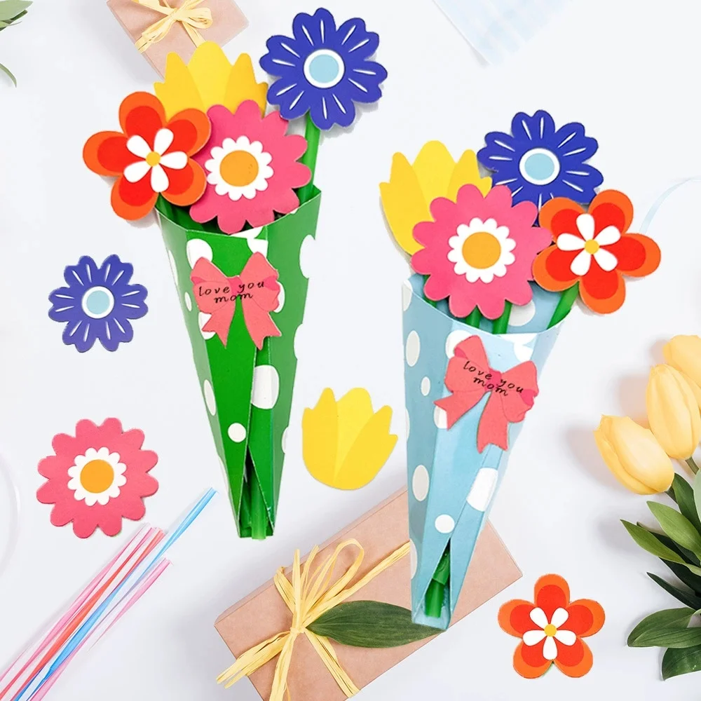 Flower Pattern 3D Foldable Bouquet Greeting Card Blessing Words Wedding Invitation DIY Card Birthday Gift Greeting