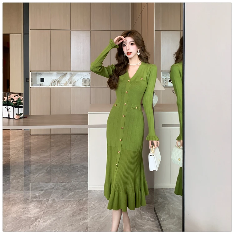 Autumn Solid Knitted Dresses for Women Single Breasted Chic Flared Sleeve Ruffles Hem Casual Female Office Elegant Robes