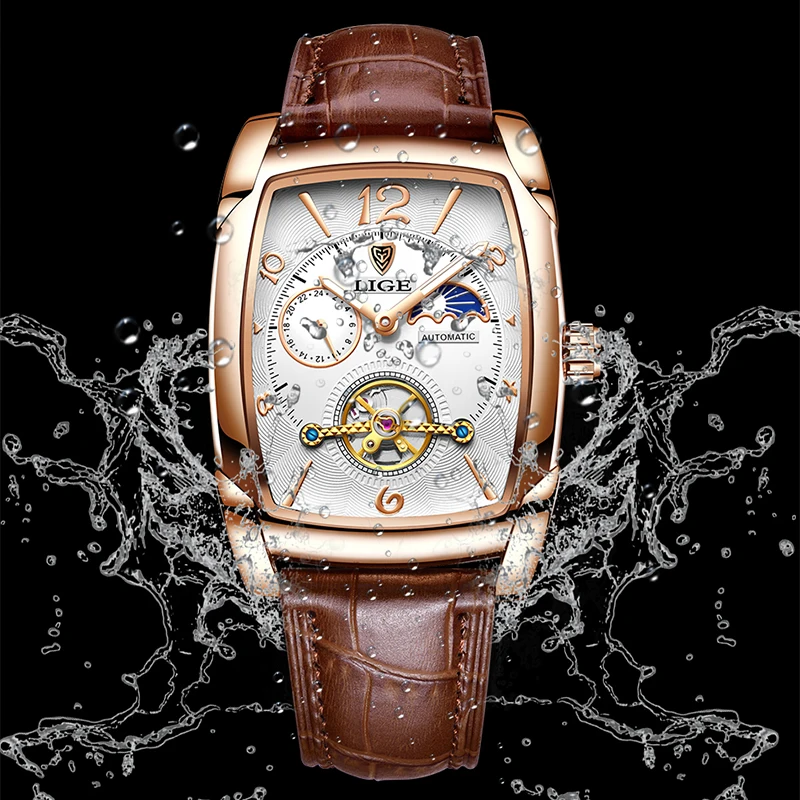LIGE Fashion Automatic Watch For Men Top Brand Luxury Men's Mechanical Wristwatches Retro Sport Waterproof Tourbillon Watch Men