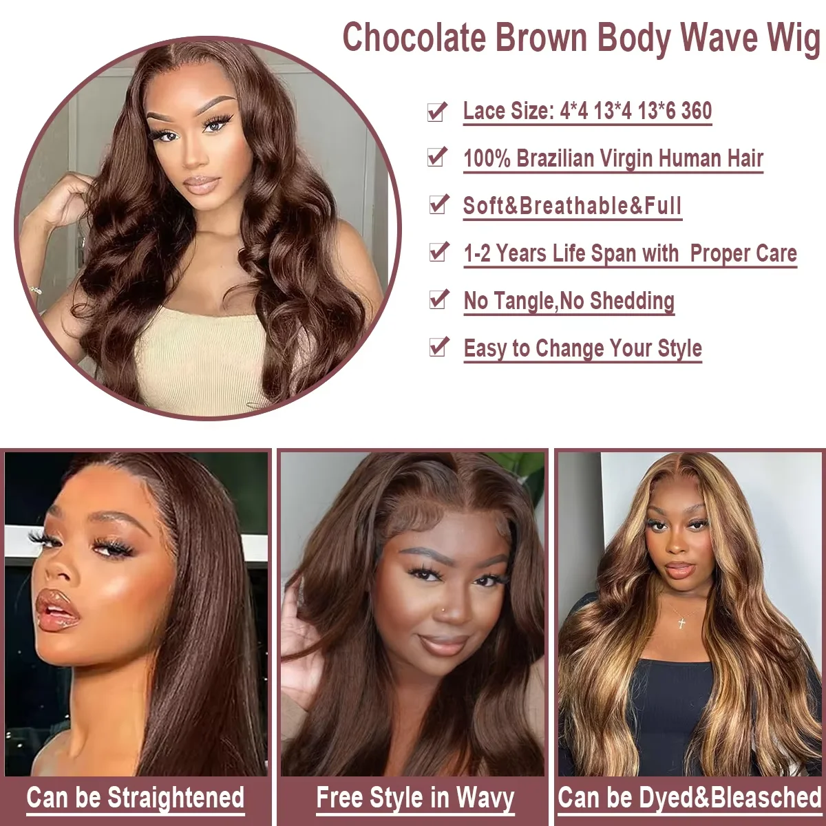 220% Density 13x6 HD Lace Frontal Wig 40 46 inch 13x4 Body Wave Remy Human Hair #4 Dark Chocolate Brown wig Pre Plucked