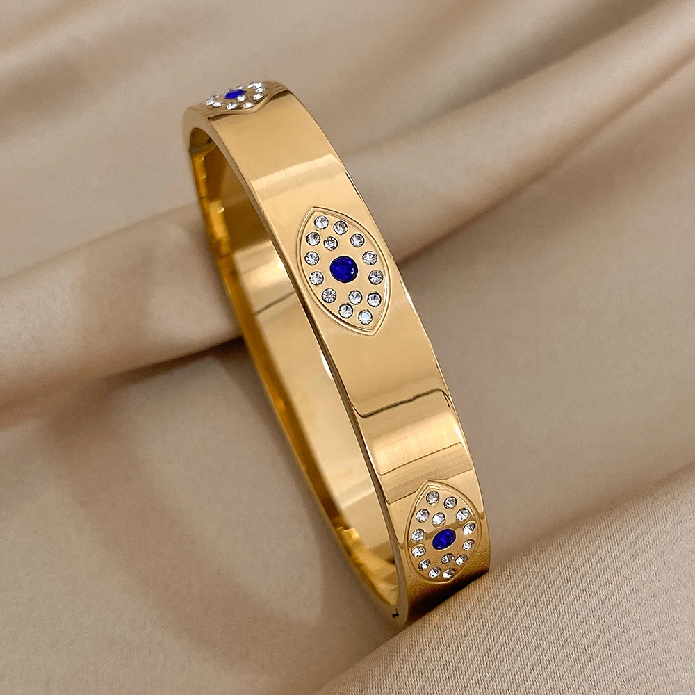 Evil Eyes Stainless Steel Bracelet for Women Luxury Design Rhinestone Wide Cuff Bangles Bracelets Waterproof Jewelry Gifts 2