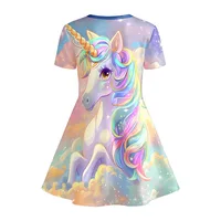 Robe T-shirt imprimée licorne arc-en-ciel pour fille, robe décontractée douce motif nuage bleu ciel pour fête d'enfants, idéale pour les cadeaux d'anniversaire 3