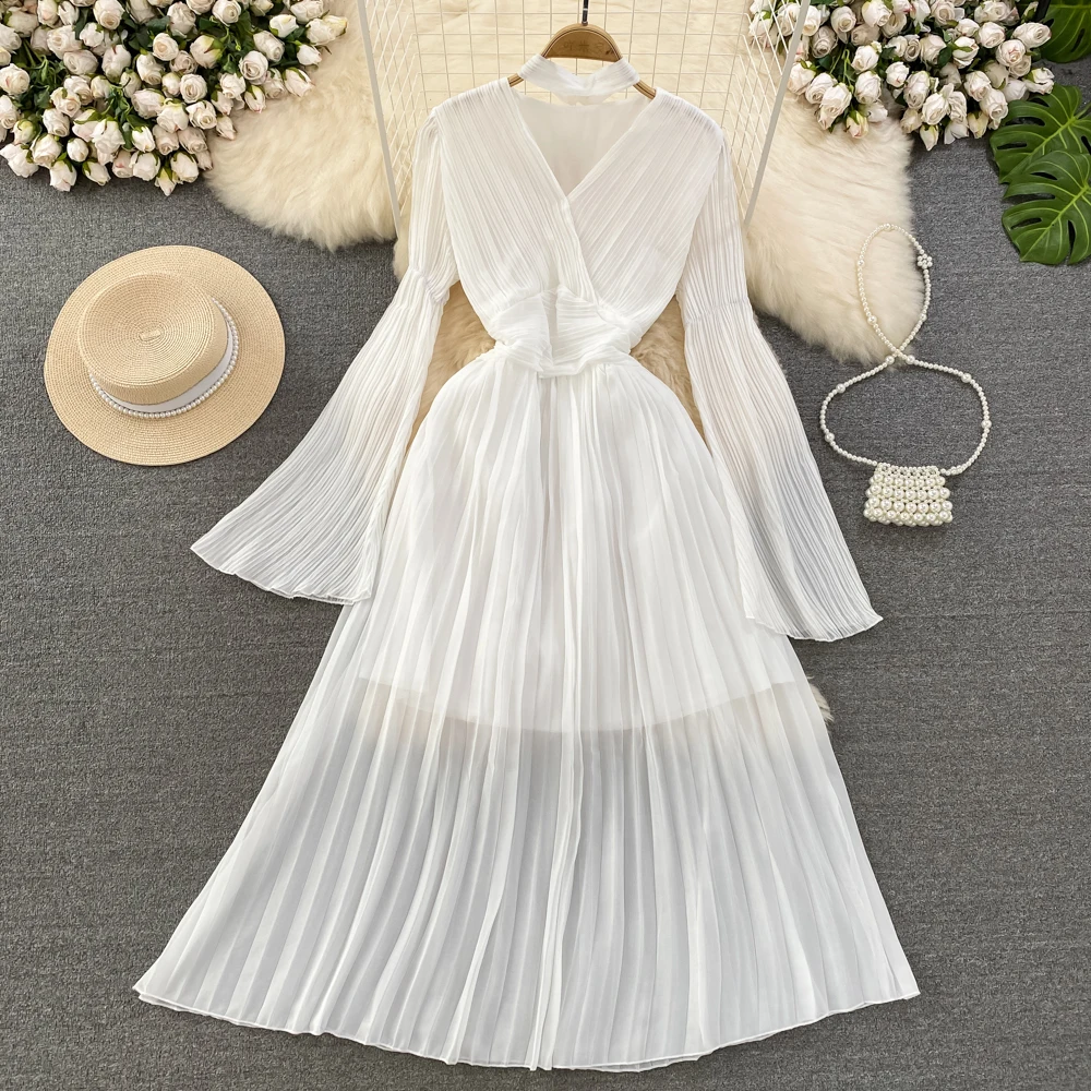 Autumn Flare Sleeve V-neck Midi Dresses for Women Solid Pleated A-line Elegant Party Dress Korean Fashion One Piece Vestidos New