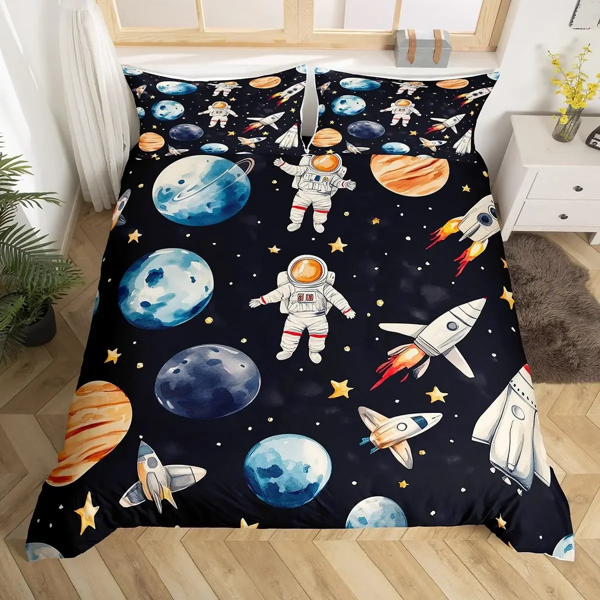 Astronaut Duvet Cover Set Cartoon Space Astronaut Decor Bedding Set Soft Breathable Comforter Cover with Pillowcase with Zipper