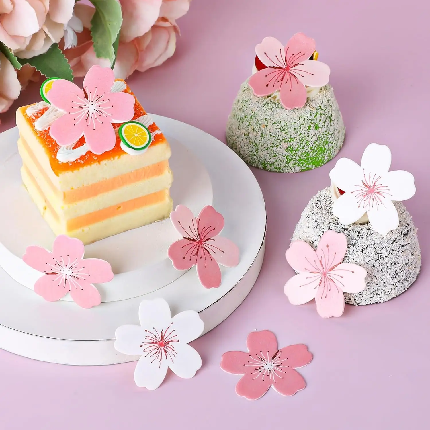 60 Stück Blumen-Cupcake-Topper, Kirschblüten-Geburtstagskuchendekorationen, Sakura-Blumen-Kuchentopper für Geburtstag, Hochzeit, Babyparty-Deko – Detail 5