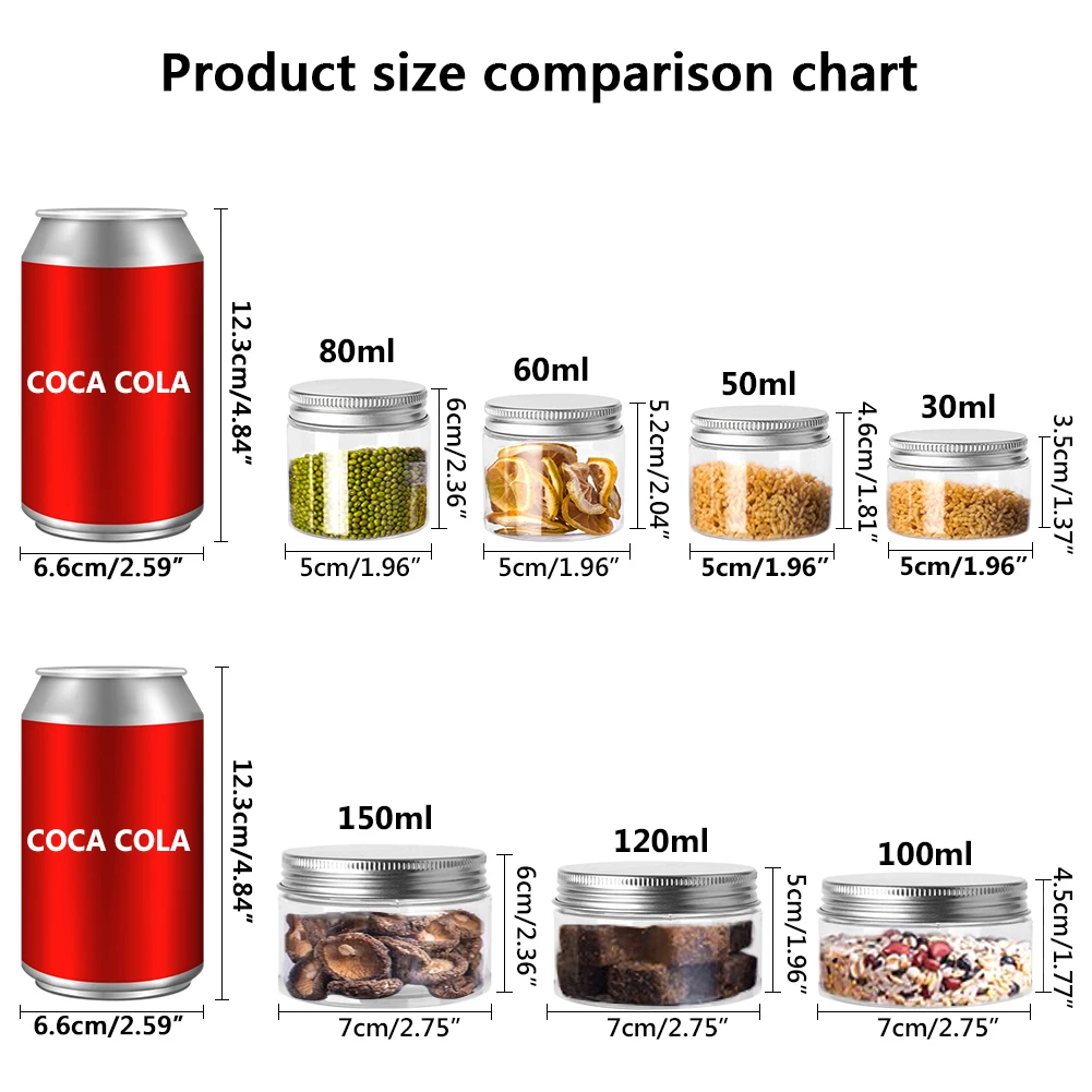 10pcs 30ml-150ml Storage Jars Clear Aluminum Cap Round Canister Travel Bottle Pot Balm Wide Mouth Plastic Container Refillable