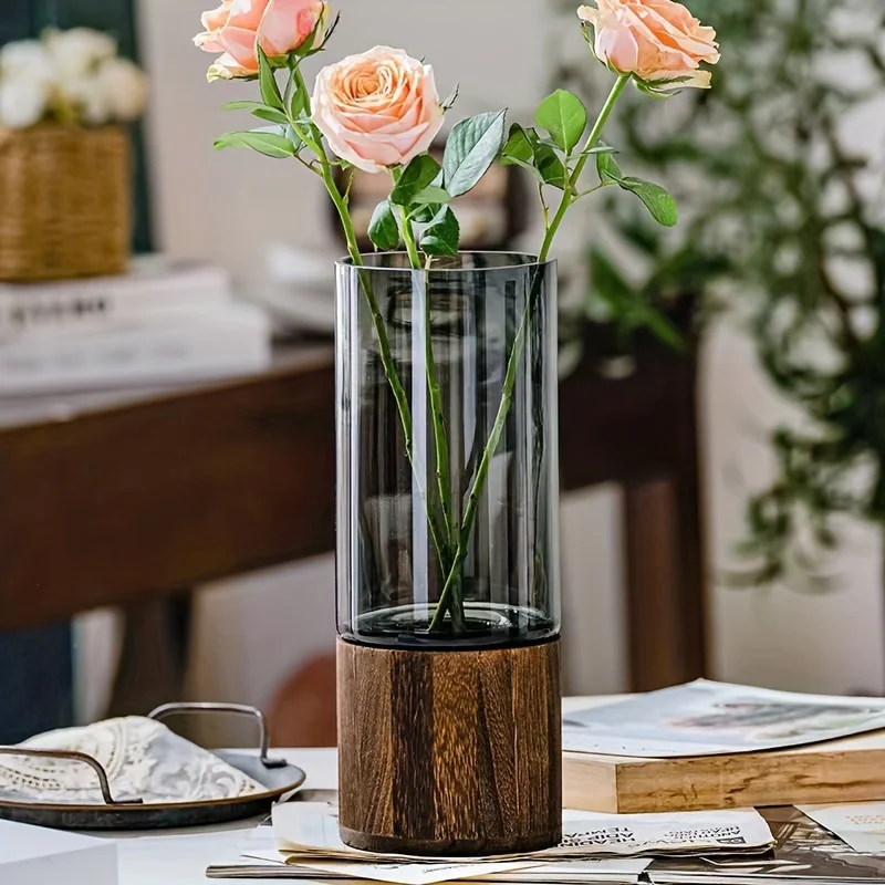 Glass Vase Wooden Base Set 4