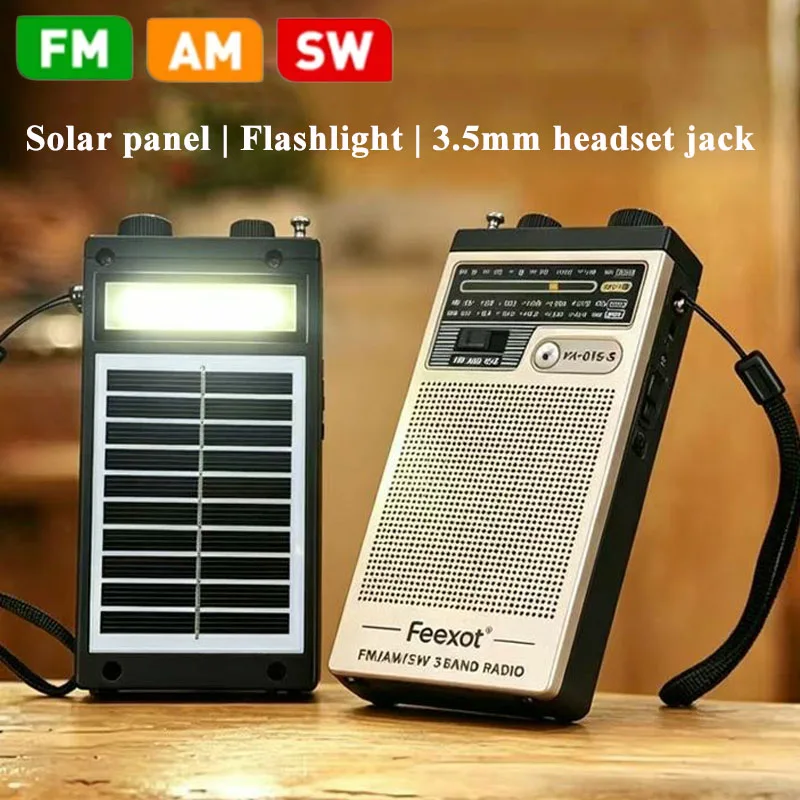미니 포켓 FM AM SW 라디오 휴대용 태양광 패널 풀밴드 라디오 충전식 라디오 LED 손전등 3.5mm 헤드폰 잭 포함