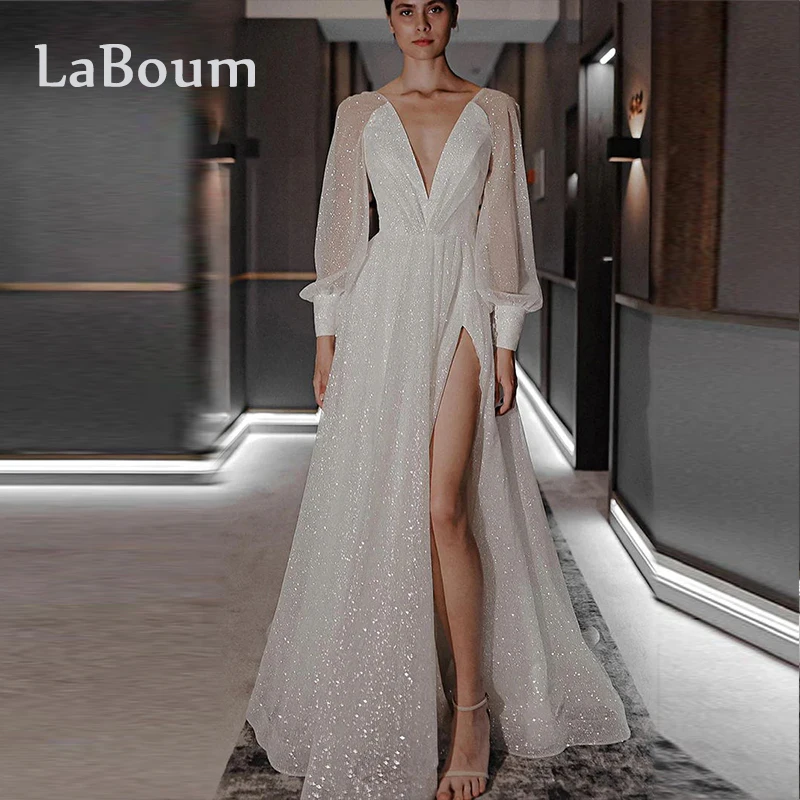 

LaBoum Glitter Wedding Dresses for Bride Sequined V-neck Pleated A-Line Split Bridal Gowns vestidos de novia فستان حفلات الزفاف