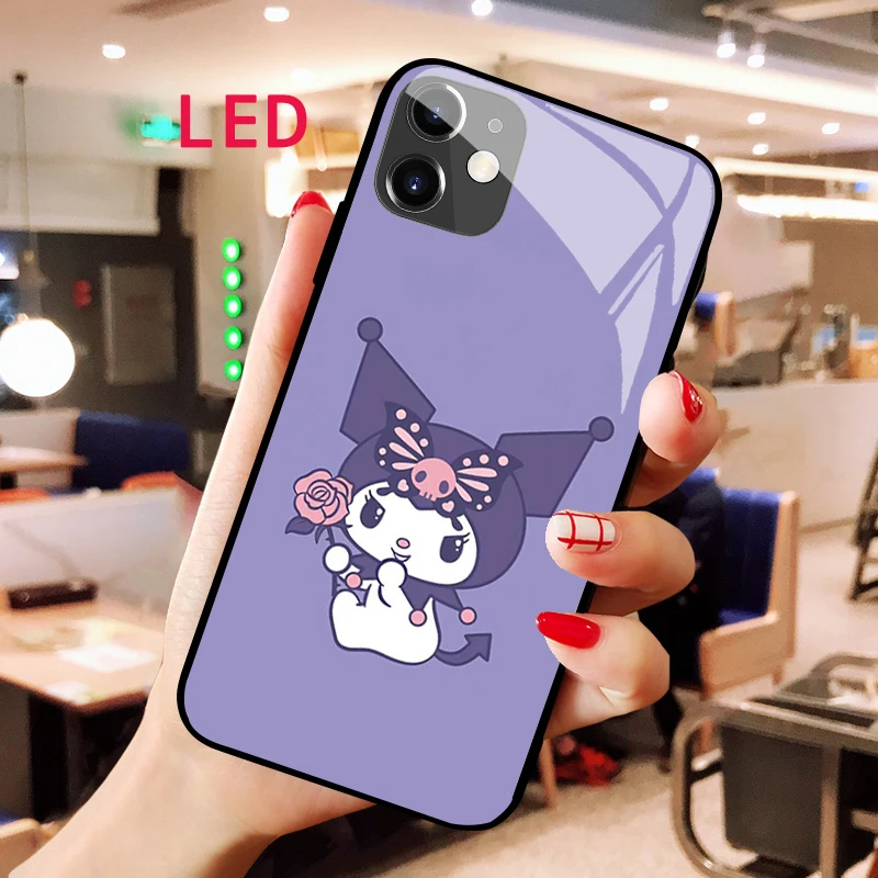 Luminous Tempered Glass phone case For Apple iphone 12 11 Pro Max XS mini KUROMI  Acoustic Control Protect LED Backlight cover nimmy happy lot series for iphone 13 6 1 inch anti scratch embroidery phone cover pu leather pc tpu case panda