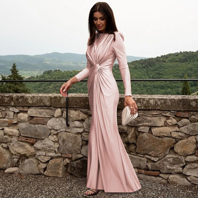 2025 Autumn Fashion New Women's Elegant Round Neck Loose Irregular High Waist Banquet Style Dress Party Long Dress 5