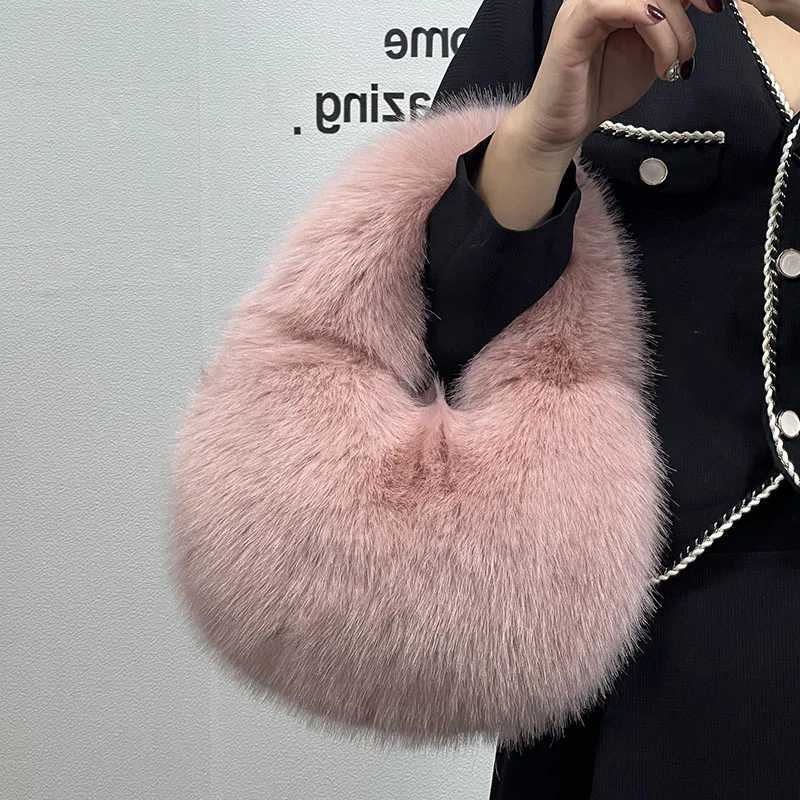 Winter Fashion Soft Warm Faux Fur Handbag Women's Elegant Luxury Designer Clutch Purse Ladies Plush Hobo Bag Female Shoulder Bag