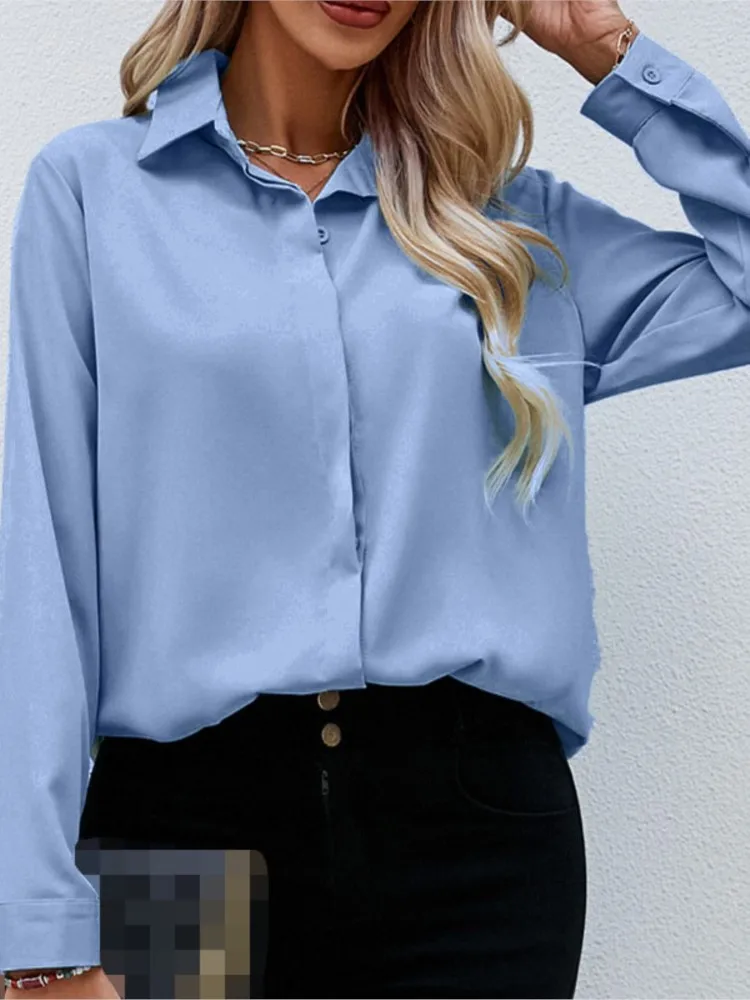 New Women's Spring Summer Solid Color Fashionable Lapel Shirt Loose Casual Long Sleeved Single Breasted Shirt Top
