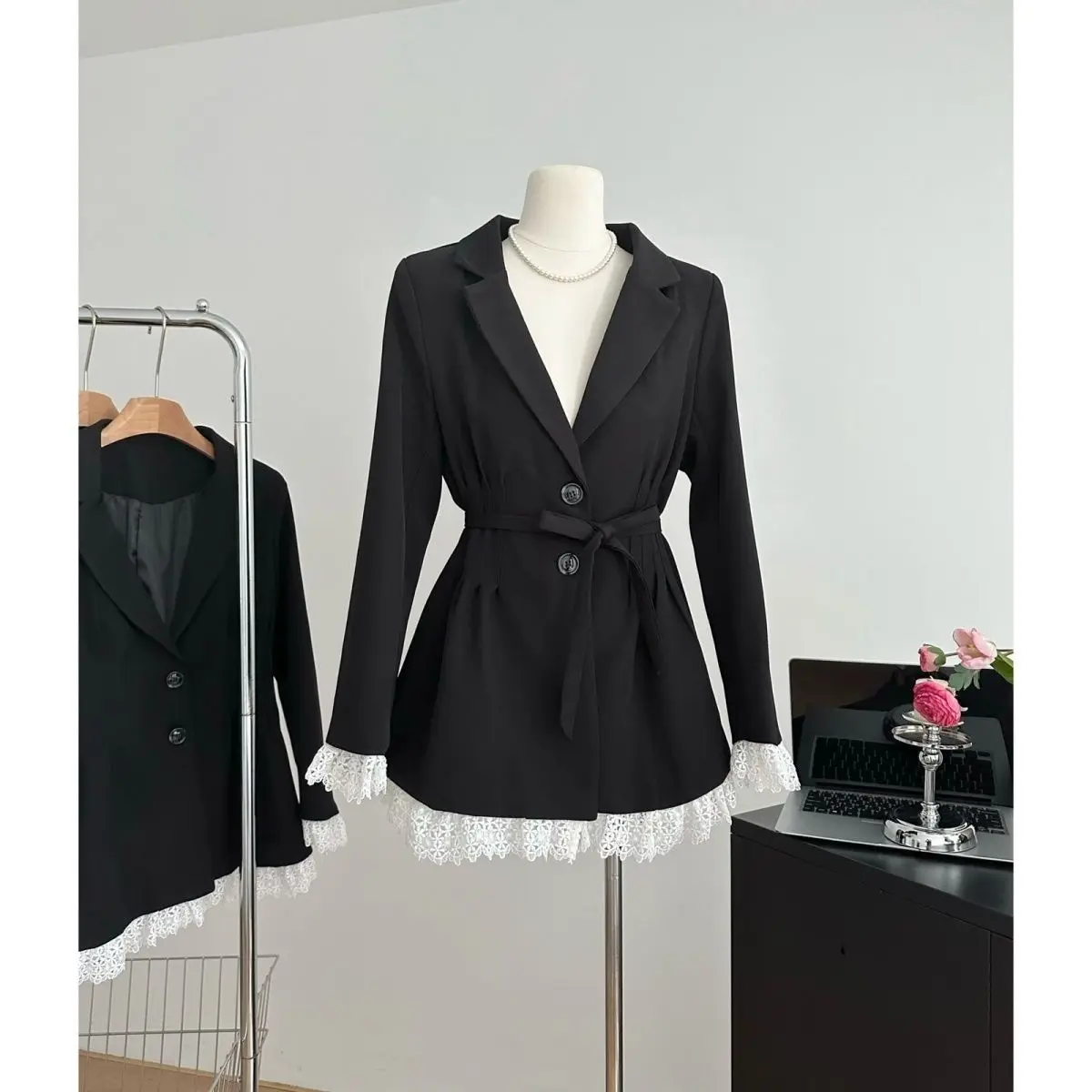 Elegant Black Suit Dress Women Lace Patchwork Blazer Dress Turn-down Collar Slim Korean Fashion Y2K Autumn New Mini Vestidos