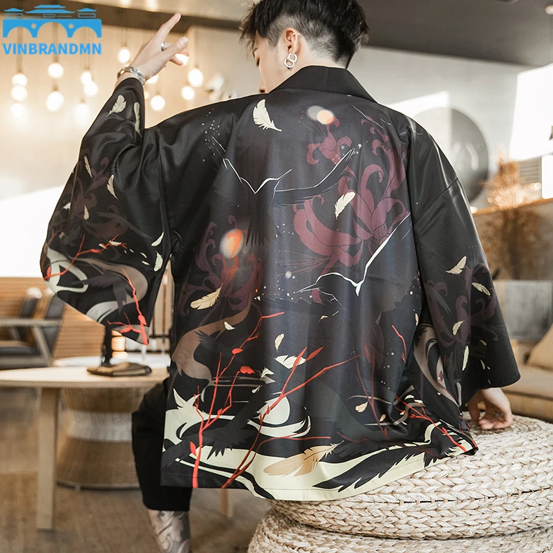 

Vinbrandmn Men Chinese Style Turn-down-collar Shirt Casual Fashion Black Print Tops Single-Breasted Cardigan Long Sleeve Shirt