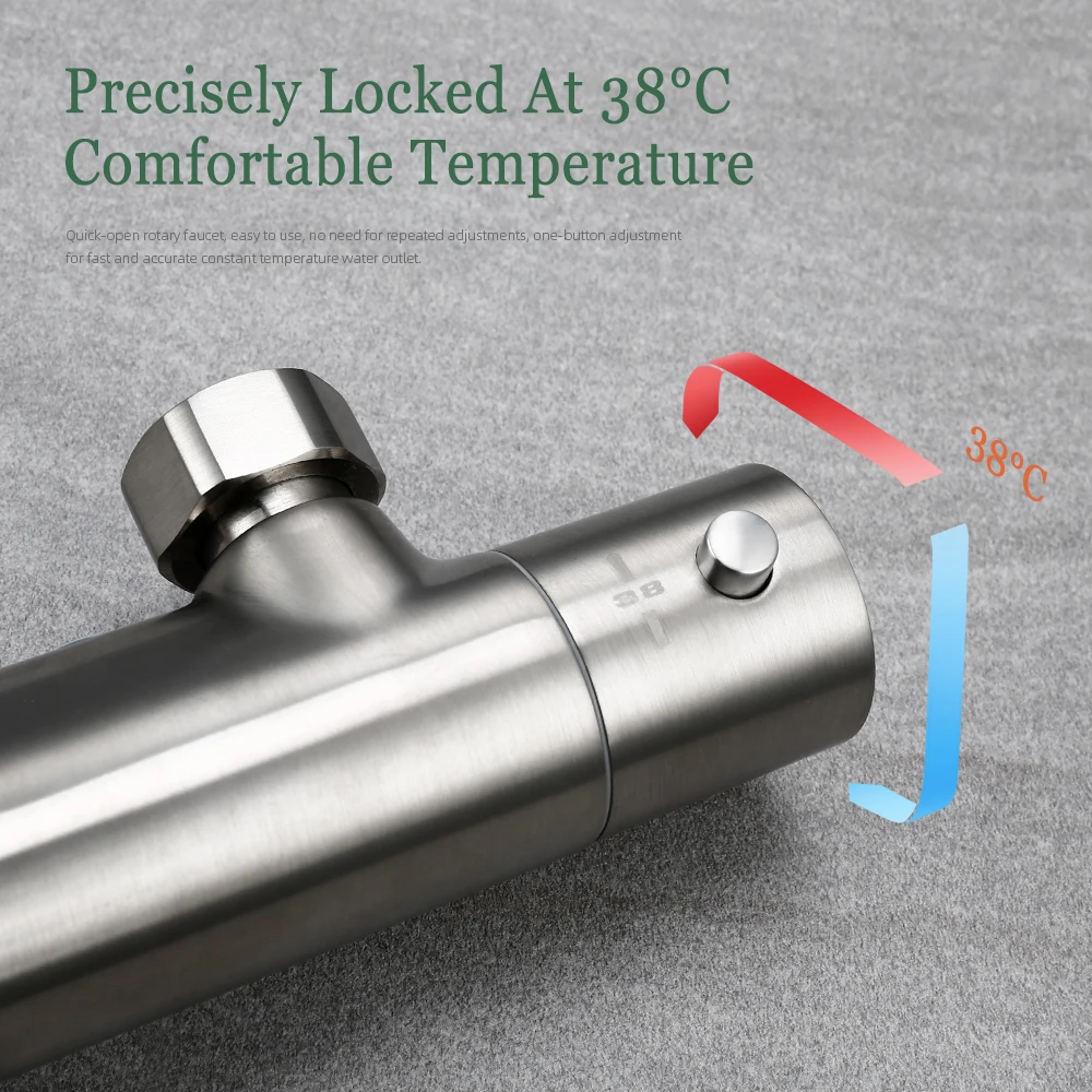 Brushed Nickel Thermostatic Shower Faucets Sets Wall Mount Brass Bathroom Mixer Rainshower Faucet Rainfall Shower Systems Thermo 4
