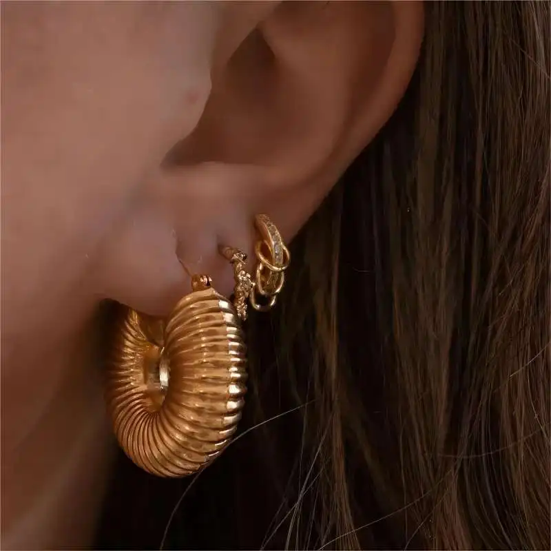 Stainless Steel Smooth Round Tube Chunky Hoop Earrings for Women Glossy Gold Plated Heart Geometric Threaded Ear Hoops Jewelry 2