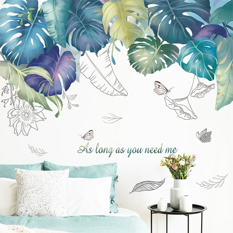 

Fresh tropical green leaves background wall beautify living room bedroom porch decorative wall stickers self-adhesive wall paper