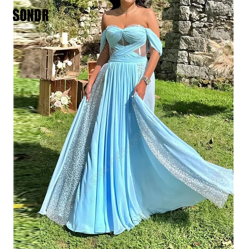 

SONDR Blue Long Chiffon Formal Occasion Dress A Line Glitter Prom Dresses Off Shoulder Sweetheart Women Evening Party Gowns