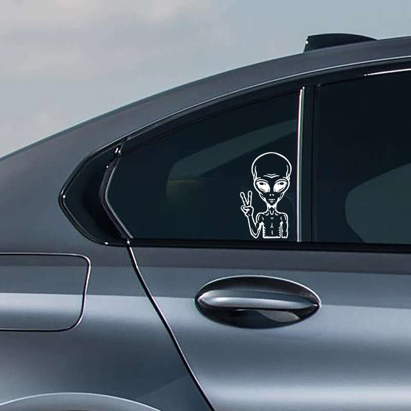 Alien Peace Cartoon Vinyl Decal Sticker (4-Pack, White) - For Car, Laptop, Window, Any Smooth Surface