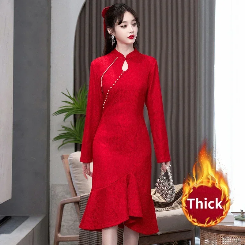 

Qipao Dress Dinner Chinese Style New Year CNY Autumn Winter Elegant Slim Young Improved Cheongsam Lace Chinese Wedding