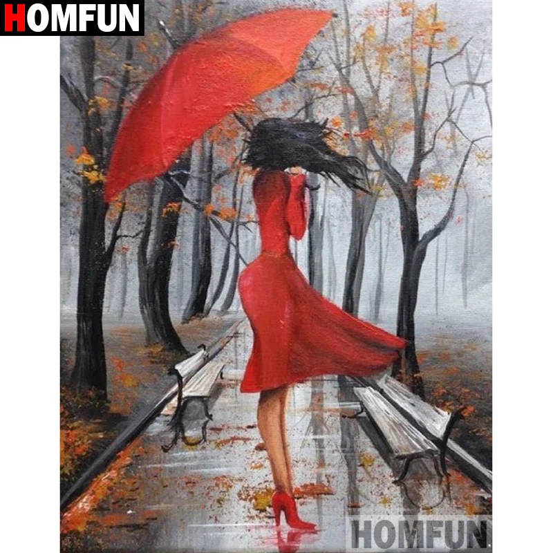 HOMFUN 5D Diamond 'Woman Red Dress Umbrella' Diamond Embroidery Full Round/ Square Diy Painting Cross Stitch Home Decor