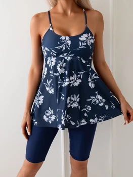 2025 Floral Long Knee Swimwear Female Tankini Two Pieces Swimsuit Women Beach Dress Bathers Bathing Swimming Swim Suit Beachwear